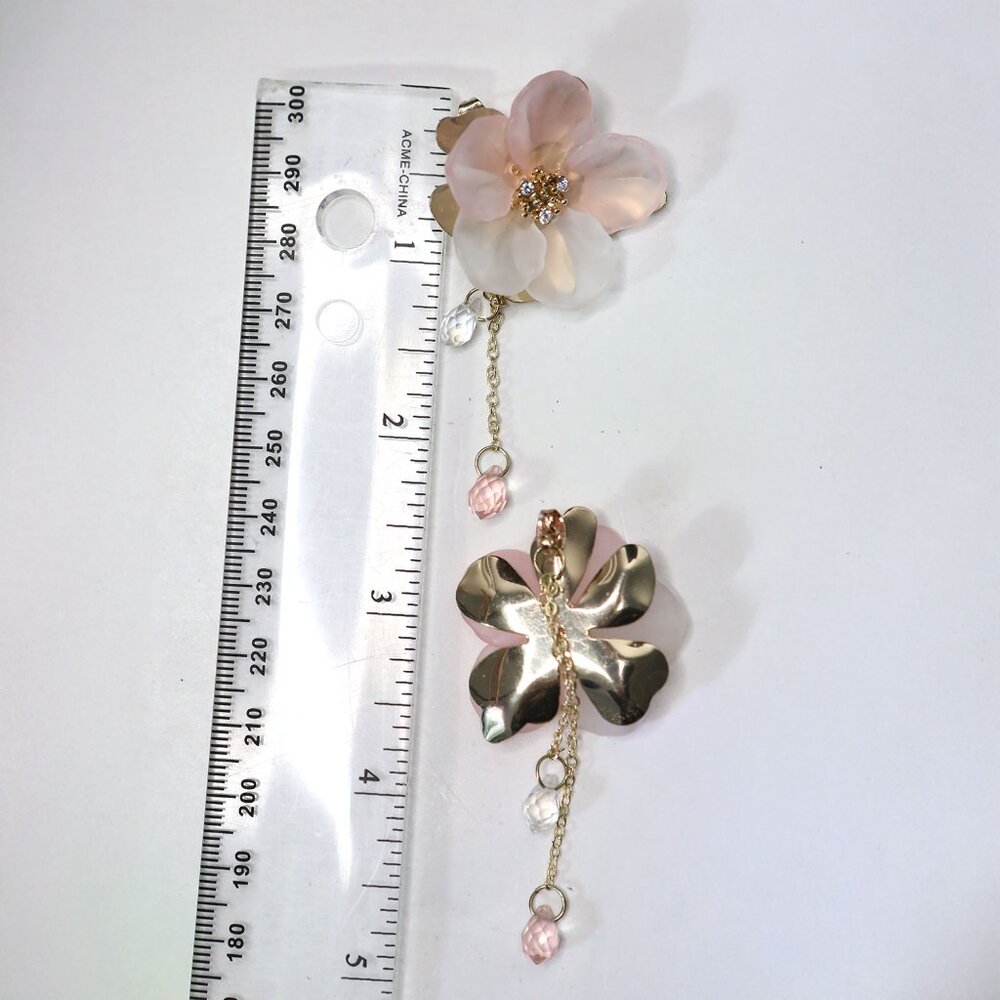 Blush Pink Frosted Flower Dangle Earrings | Gold Tone Cherry Blossom Floral Drop - Picture 4 of 6
